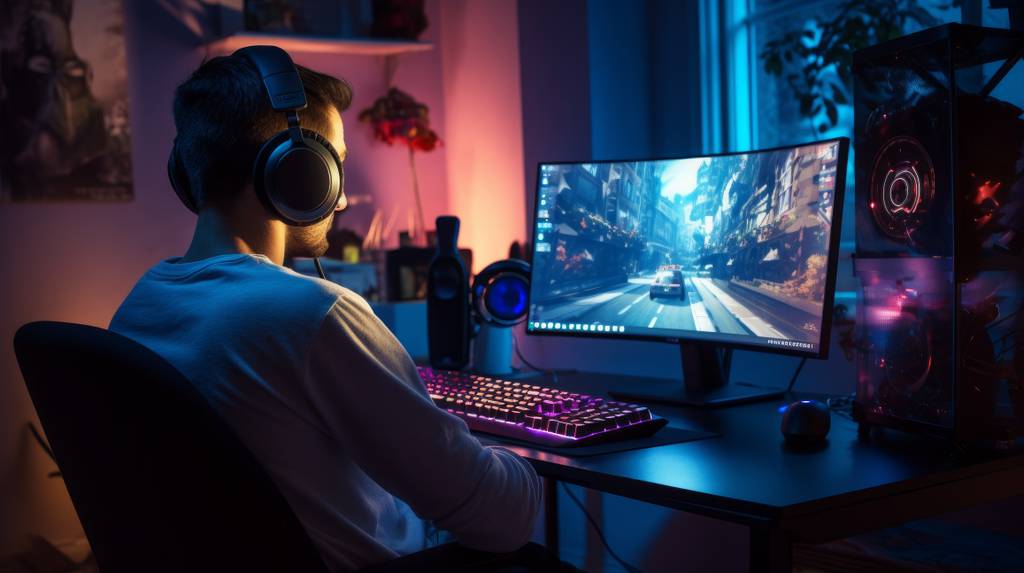Ein junger Mann sitzt mit Kopfhörern vor einem PC und spielt ein Rennspiel.
