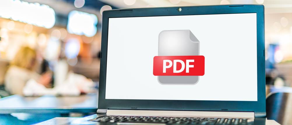 PDF-Editoren im Test: Ein Notebook auf dessen Bildschirm das Icon eines PDF-Dokuments abgebildet ist.
