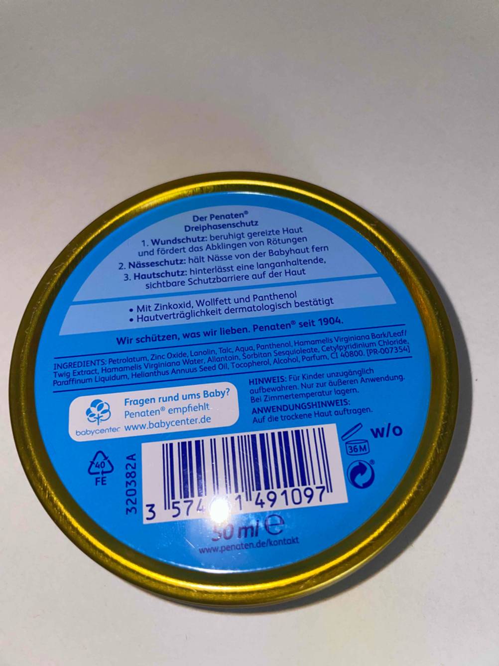 Rückseite einer Wundschutzcreme von Penaten.