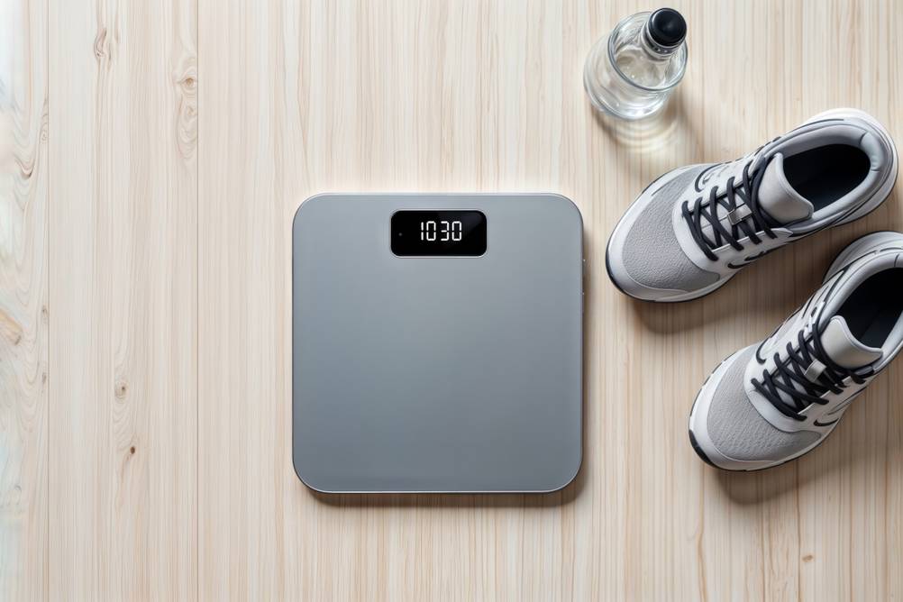 200-kg-Personenwaage-Test: Zu sehen ist eine digitale Personenwaage mit Uhrzeit, daneben Sportschuhe und eine Flasche.
