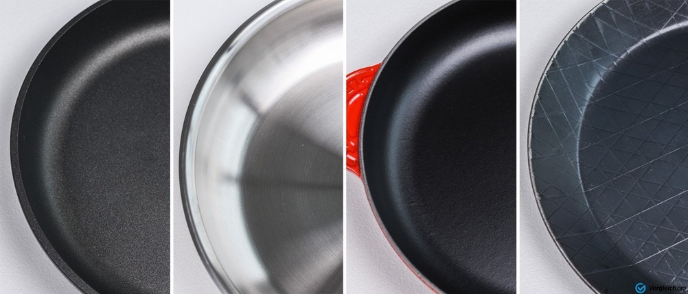 Pfannen-Test: Verschiedene Pfannen aus unterschiedlichen Materialien nebeneinander. 