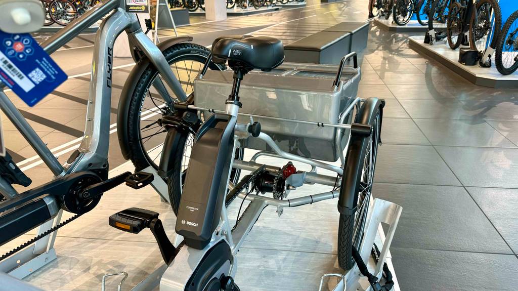 E-Bike-Dreirad-Test: Detailansicht eines batteriebetriebenen Modells im Verkaufsbereich.