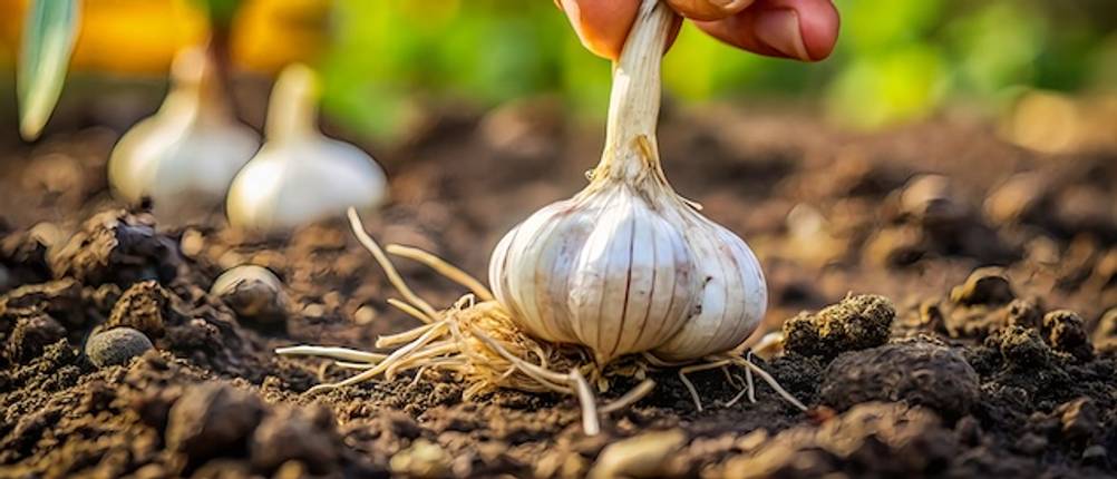 Getesteter Pflanzknoblauch wird geerntet. Nahaufnahme einer Knoblauchknolle auf einem Acker.
