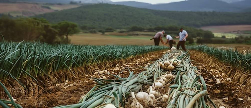 Pflanzknoblauch getestet: Landwirtschaftlicher Acker mit frisch geerntetem Knoblauch.