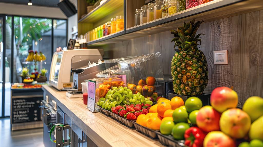 Philips-Entsafter-Test: in einem Café stehen mehrere Körbe mit Früchten und anderem Zubehör zum Entsaften.