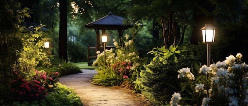 Philips-Hue-Gartenbeleuchtung im Test: Wegeleuchten in einem Garten bei Nacht.