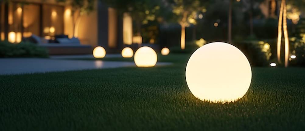 Philips-Hue-Gartenbeleuchtung-Test: Große runde Gartenbodenlampen in einem großen Garten in der Nacht.