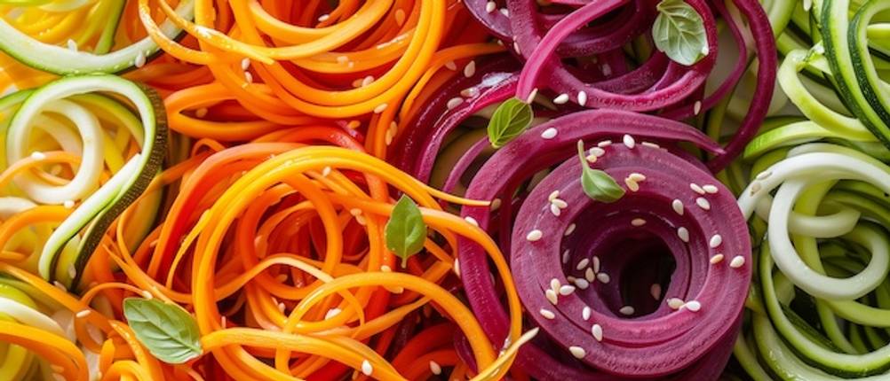 Zubehör im Test: Rohkostspiralen aus Zucchini, Karotten und Roter Beete.