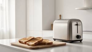 Philips-Toaster-Test: Ein Toaster mit einem Edelstahl-Gehäuse steht auf einer Arbeitsplatte. Daneben liegen gebräunte Toast-Brote auf einem Holzbrett. 