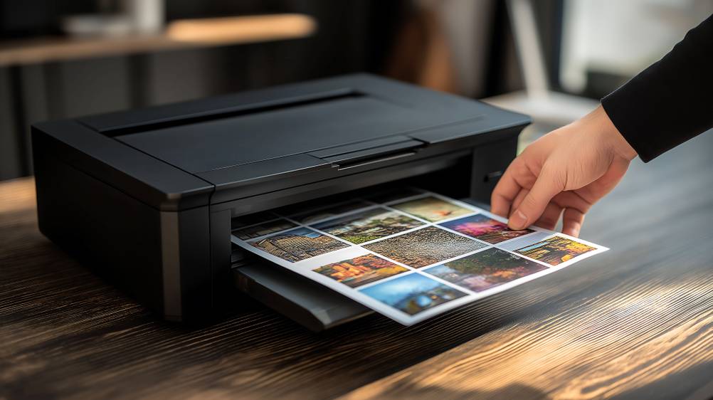 Canon-Scanner im Test: Eine Hand schiebt ein Papier mit Fotos in einen schwarzen Scanner.