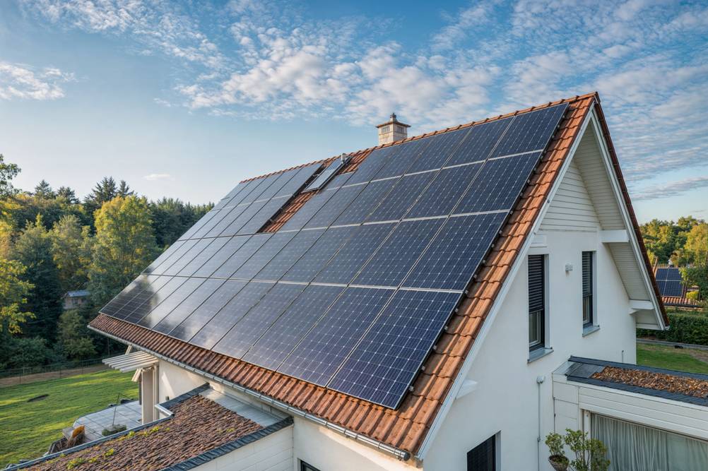 Auf dem Dach eines großen Hauses sind Photovoltaik 