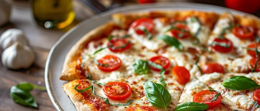 Pizzateller im Test: Nahaufnahme einer Pizza mit Cocktailtomaten, Käse und Basilikum auf einem weißen Keramikteller.
