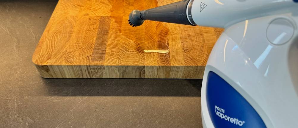 Der POLTI FIRST PGEU0011 vor einem nassen Holzbrett