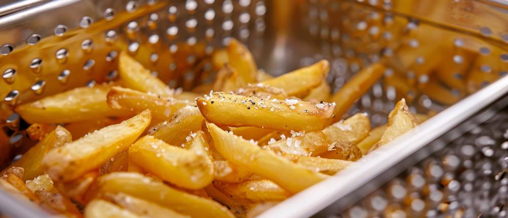 Pommesschneider im Test: Edelstahlkorb mit gewürzten Pommes