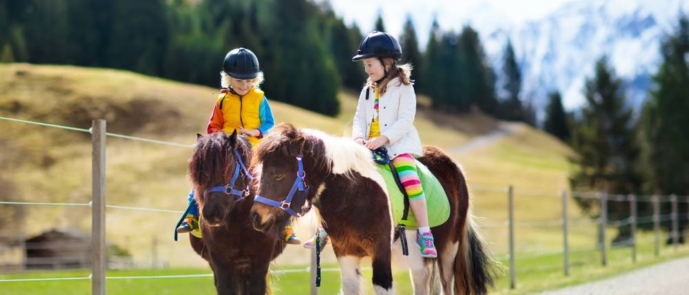 Ponysattel-Test: Zwei Kinder auf Ponys. 