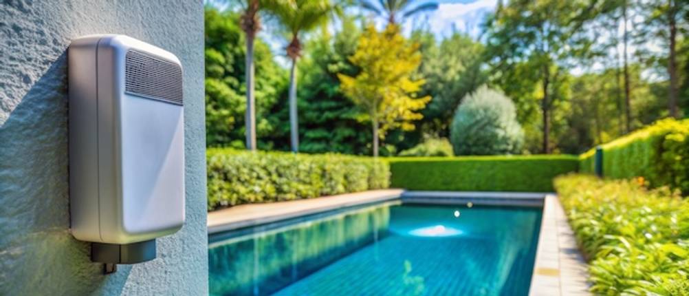 Empfänger des Pool-Alarms im Test: An einer Hauswand ist ein Empfänger eines Pool-Alarms befestigt. Im Hintergrund befindet sich ein Pool vor einer grünen Hecke.