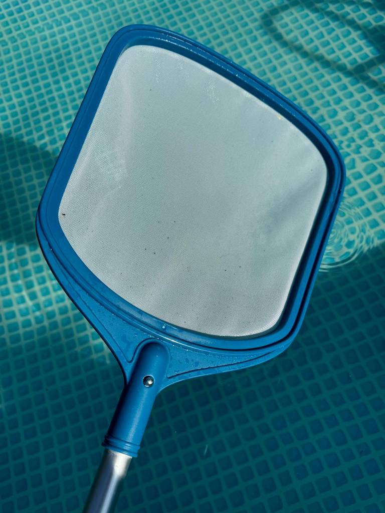 Pool-Kescher getestet: Nahaufnahme eines Pool-Keschers vor der Wasseroberfläche.