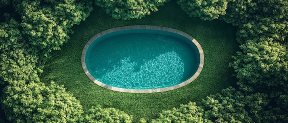 Blick von oben auf einen getesteten Pool in einem Wald.