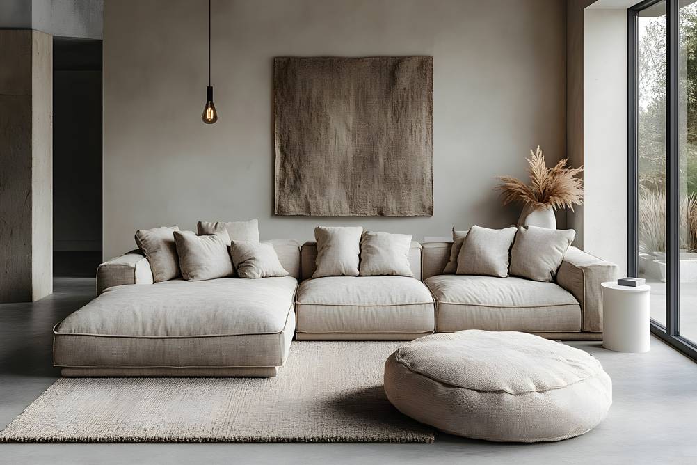 Pouf-Test: Ein beiger Pouf liegt vor einer ebenfalls beigen Wohnlandschaft.