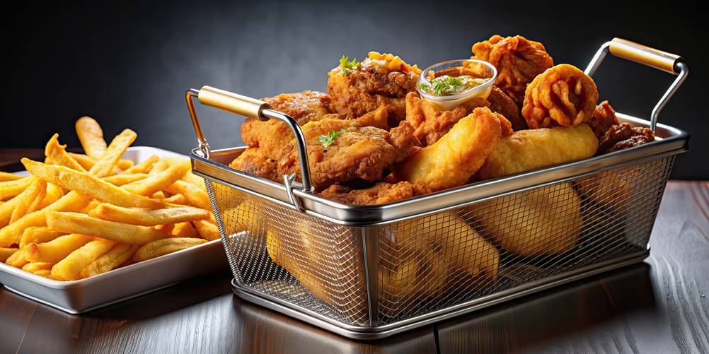 Princess-Fritteusen-Test: großer Frittierkorb, der mit frittierten Lebensmitteln wie Pommes frites, Chicken-Wings und Zwiebelringen gefüllt ist