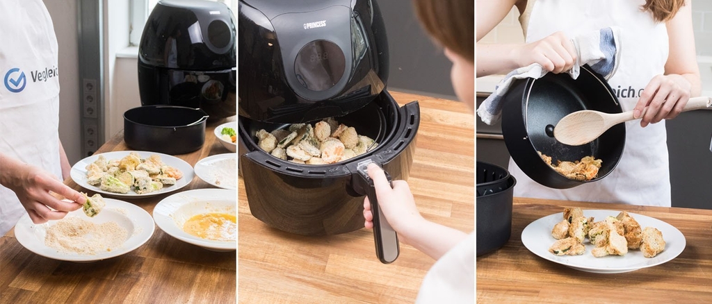 Heißluftfritteuse im Test: Gemüse wird paniert, frittiert und anschließend auf einem Teller serviert.