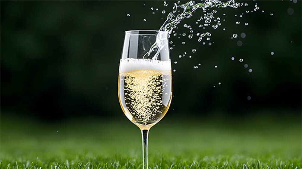 Prisecco im Test: Ein prickelnder Prisecco im Glas auf einer Wiese.