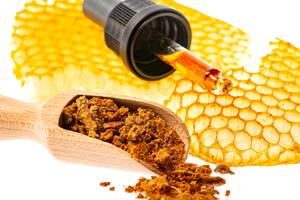 Propolis-Kapseln-Test: Auf einer Honigstaude befindet sich eine Pipette und ein Löffel mit Propolis. 