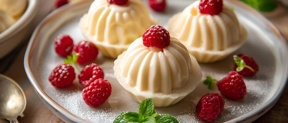 Puddingform-Test: drei kleine runde Puddinge auf einem Teller