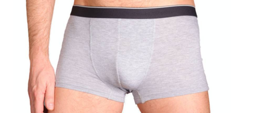 Puma-Boxershorts-Test: Junger Mann trägt graue Boxershorts mit schwarzem Bündchen.