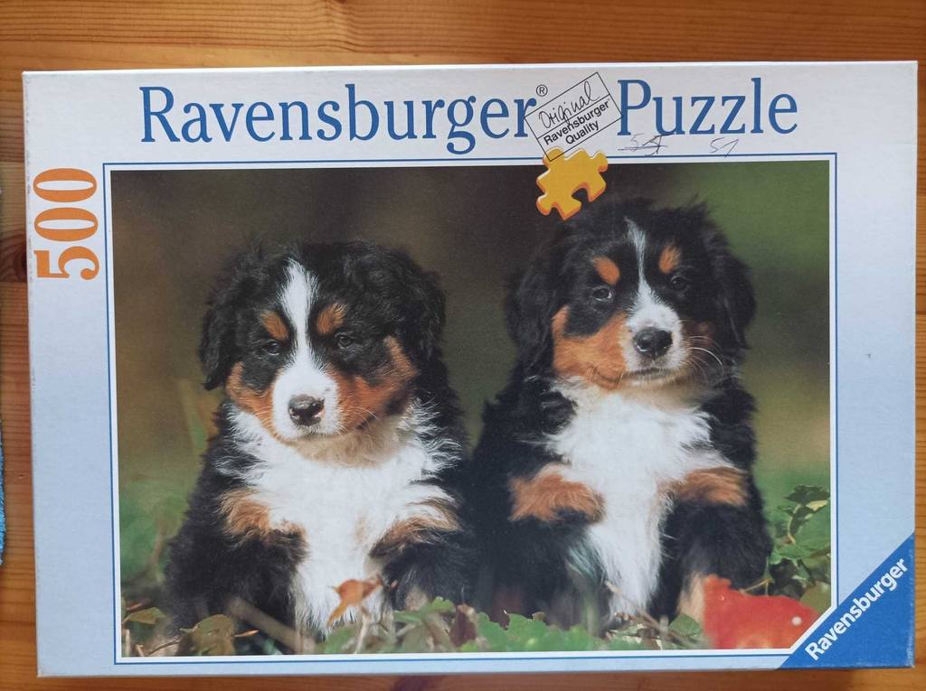 Auf der Verpackung eines getesteten Puzzles sind zwei Hunde abgebildet.