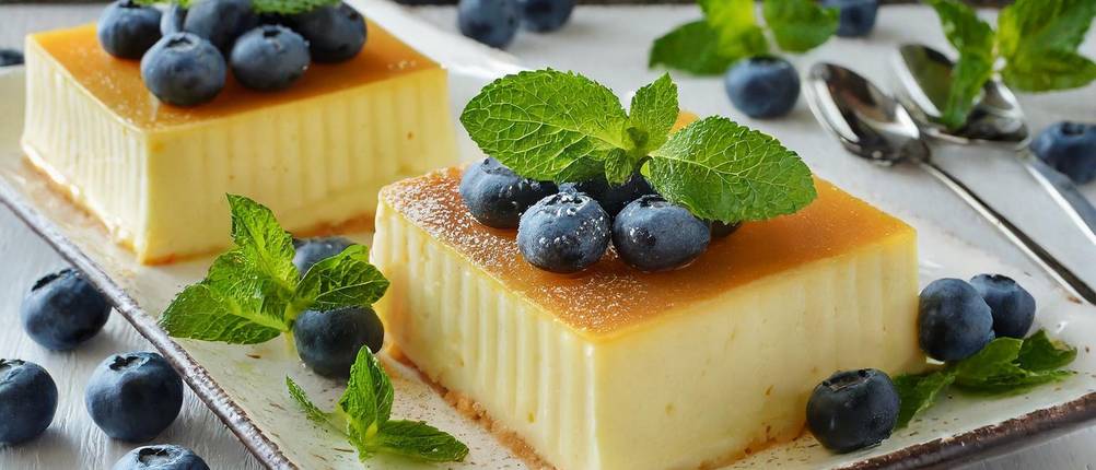 Quadratische Springform Test: zwei Stück Creme Brulee mit Heidelbeeren auf einem Servierteller