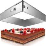 quadratische Springform Test: Backrahmen über einem eckigen Schokoladenkuchen mit Obst drauf