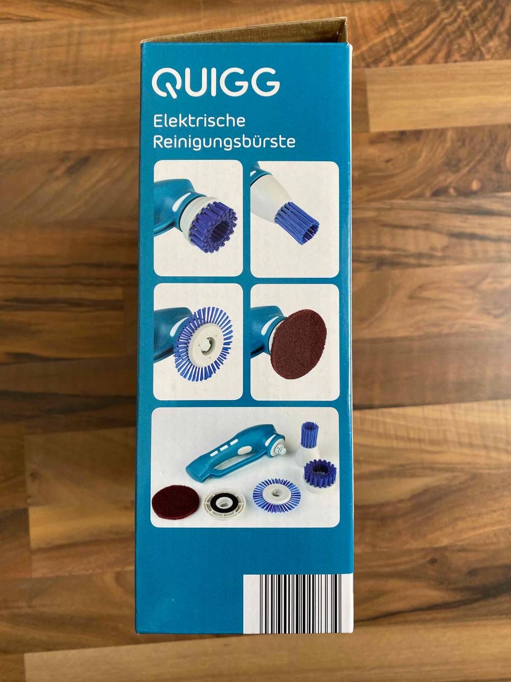 Elektrische Reinigungsbürste im Test: Seitenansicht einer Originalverpackung mit Abbildungen des Inhalts.