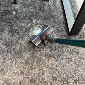 Der Quilted Northern Akku Staubsauger saugt über einen Teppich