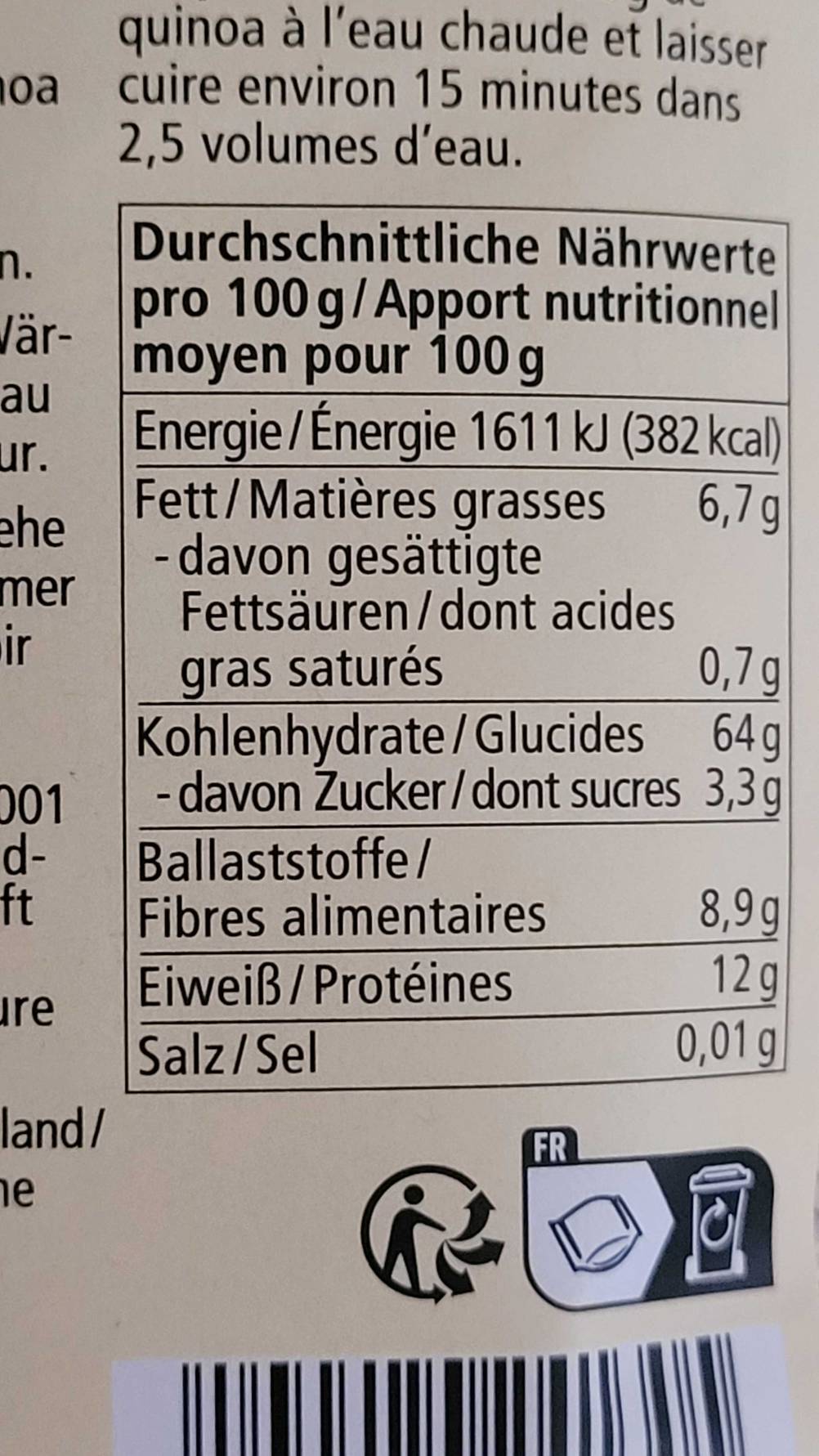 Nährwertangaben von getestetem Quinoa. 