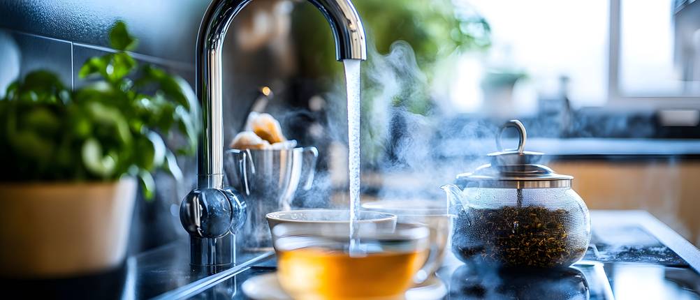 Quooker-Test: heißes Wasser läuft aus Hahn in Teetasse