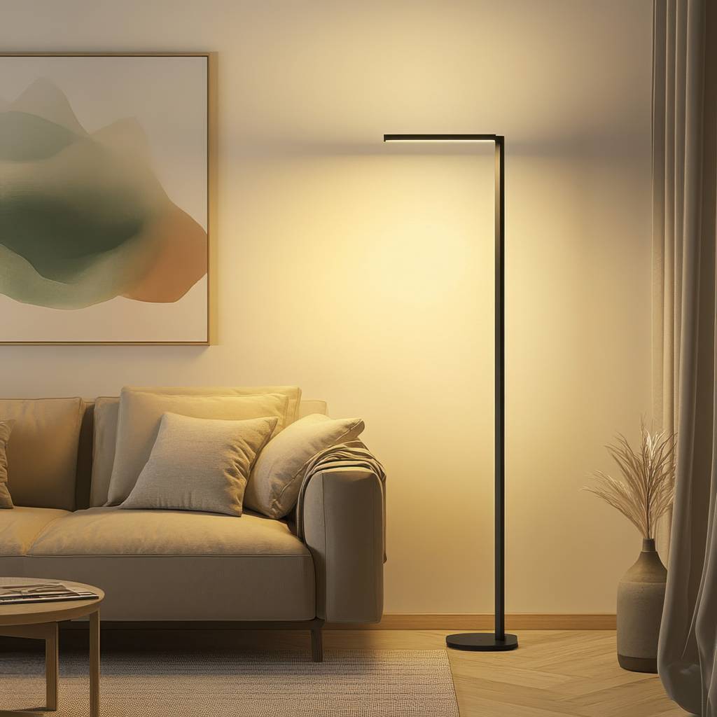 R7S-LED-Test: Ein nach unten und oben strahlender Deckenfluter steht in einem Wohnzimmer neben einer Couch.