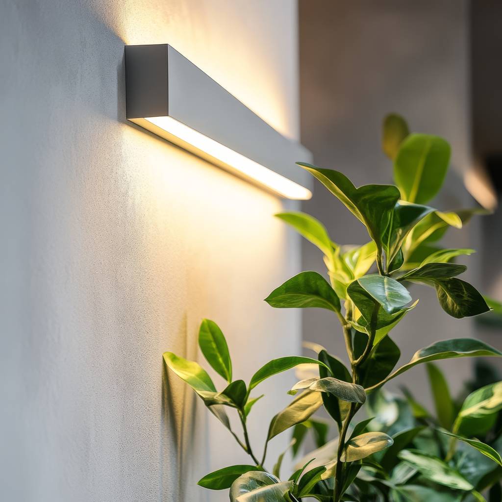 R7S-LED-Test: Eine Wandleuchte zeigt ein warmweißes Licht und strahlt nach unten und oben.