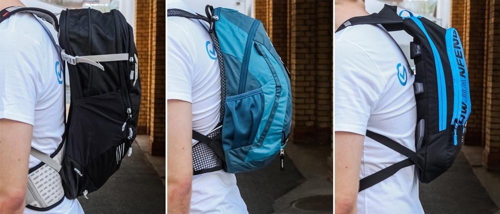 Collage aus drei Bildern, die einen Mann mit unterschiedlichen Rücksäcken zeigen.