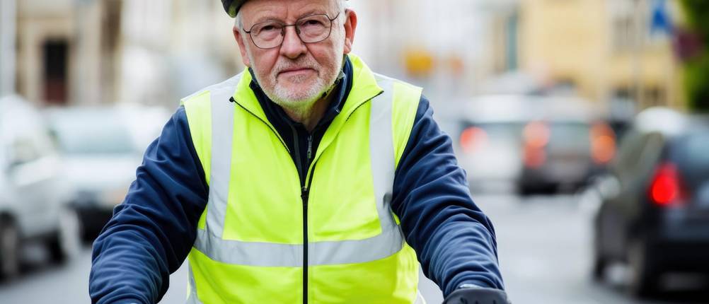 Fahrradweste-Herren-Test: älterer Mann auf einem Fahrrad mit neongelber Fahrradweste mit breiten Reflektorstreifen