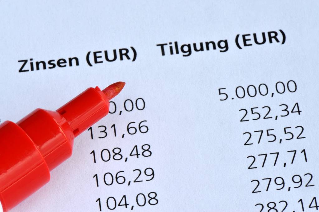 Vergleich von Rahmenkrediten: Ein roter Stift liegt auf einem Papier mit einem Tilgungsplan eines Kredits.