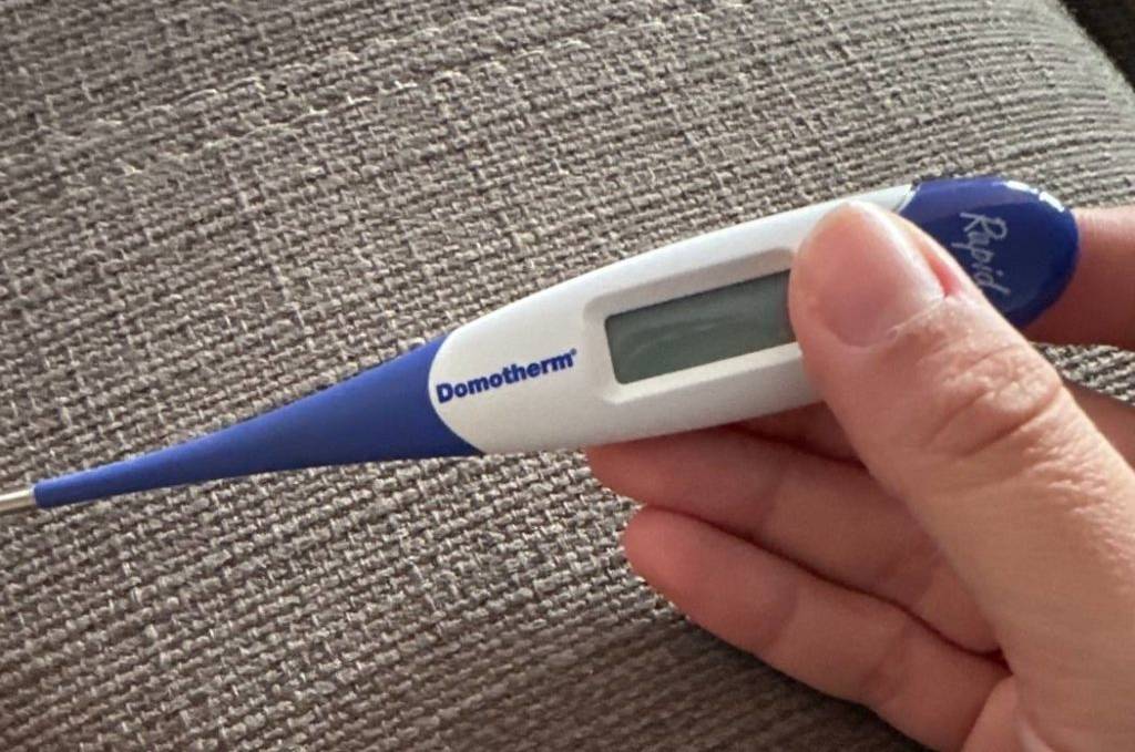 Hand hält weiß-blaues, getestetes Fieberthermometer der Marke Domotherm zur Messung in Mund, Achsel sowie After vor hellbraunem Stoff.
