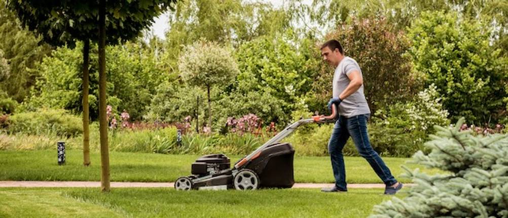 Rasenmäher mit 40 cm Schnittbreite im Test: Ein Mann mäht mit einem großen Mäher den Rasen.