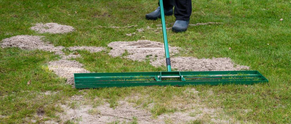 Rasenrakel im Test: Eine sehr breite Rakel und Sand auf einer Rasenfläche dahinter zwei schwarz bekleidete Beine