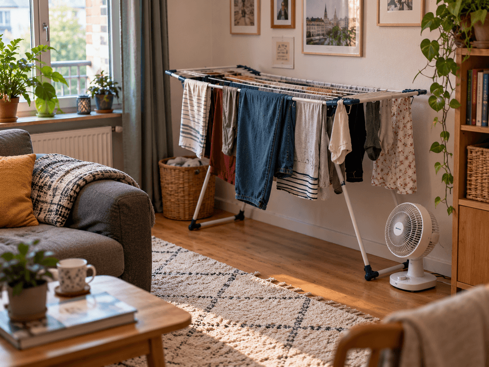 Ein Wäscheständer mit Kleidung steht in einem Wohnzimmer an der Wand, daneben ein Ventilator.