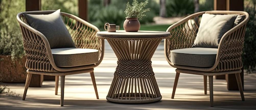 Getestete Rattansessel mit einem kleinen Tisch auf einer Terrasse.