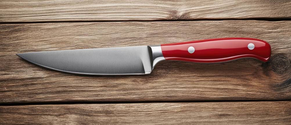 Red-Spirit-Messer im Test: Messer mit rotem Griff auf Holz-Untergrund.