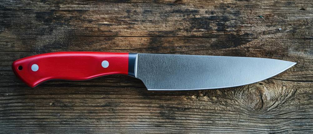 Red-Spirit-Messer im Test: Messer mit rotem Griff auf Holz-Untergrund.