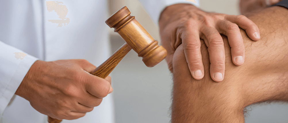 Reflexhammer getestet: Ein Arzt schlägt einen Reflexhammer aus Holz auf das Knie eines Patienten.