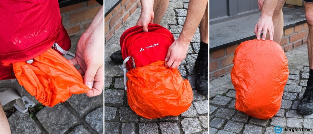 Ein Regenschutz wird in einer Bildcollage über einen Fahrradrucksack gespannt.